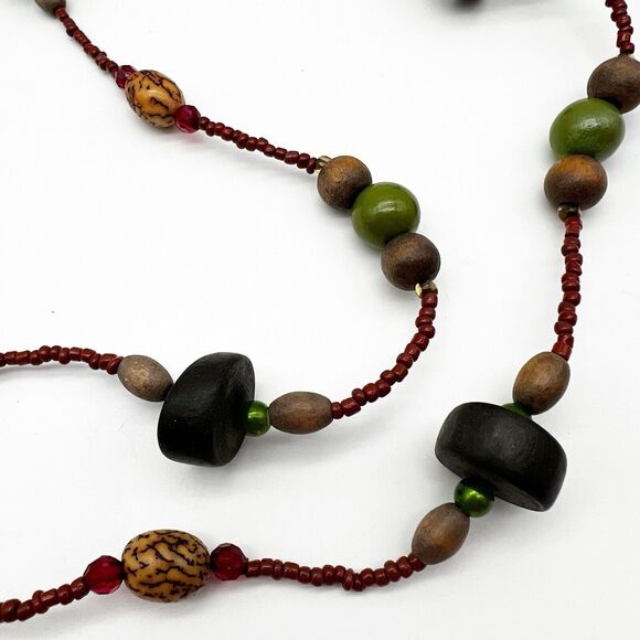 Multi Colored Wood Round Seed Bead Natural Nut Ethnic Long Necklace 58” - Picture 5 of 8